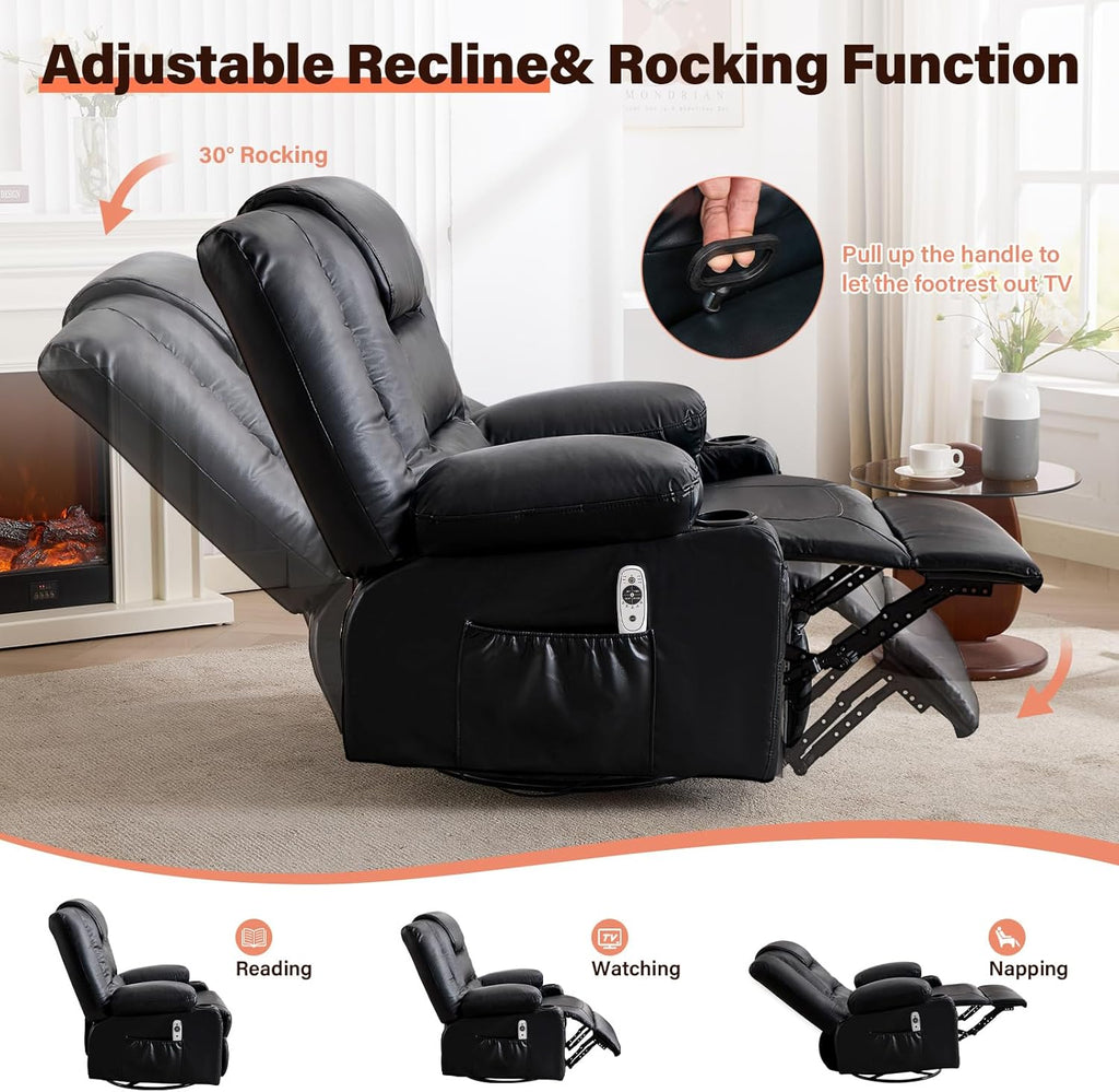 MAHOMICO Swivel Rocker Recliner Chair with Vibration Massage and Heat for Living Room,with Rocking Function and Side Pocket, PU Leather USB Charge Port,2 Cup Holders