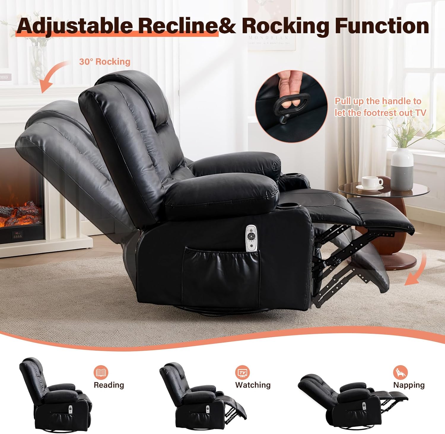 MAHOMICO Swivel Rocker Recliner Chair with Vibration Massage and Heat for Living Room,with Rocking Function and Side Pocket, PU Leather USB Charge Port,2 Cup Holders
