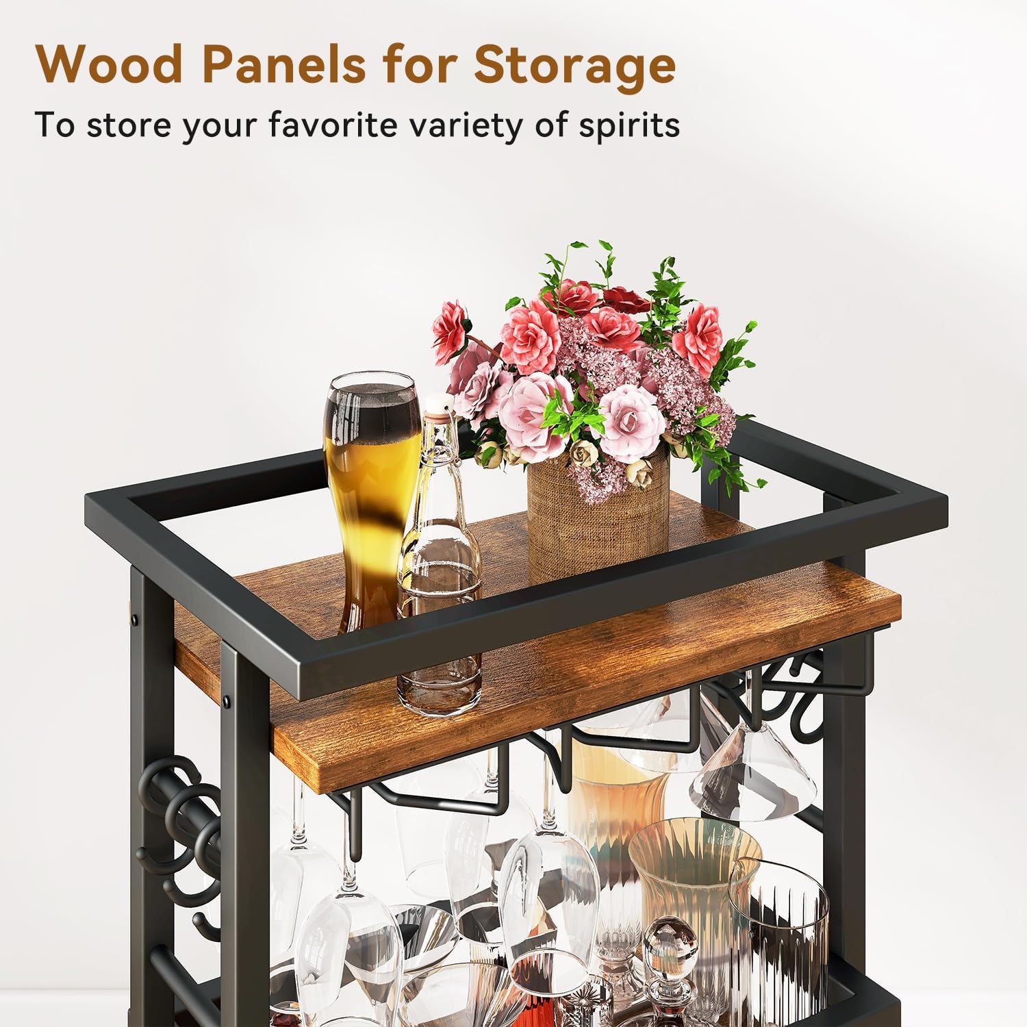IBUYKE 4-Tier Wine Rack with Wheels,Bar Cart,Brown TMJ912H | Wine Car Cabinet Wine Rack Freestanding Floor Versatile Wine Bottle Display Shelf,Mini Bar for Home Living Room