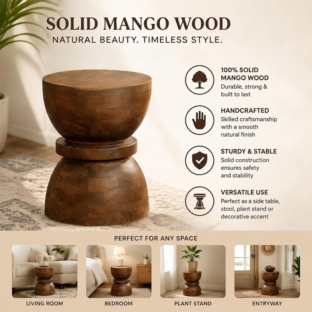 YESWOOD Round End Table, Mid Century Modern Side Table, Circle Bedside Tables Drink Table Mango Wood Nightstand for Small Spaces, Living Room