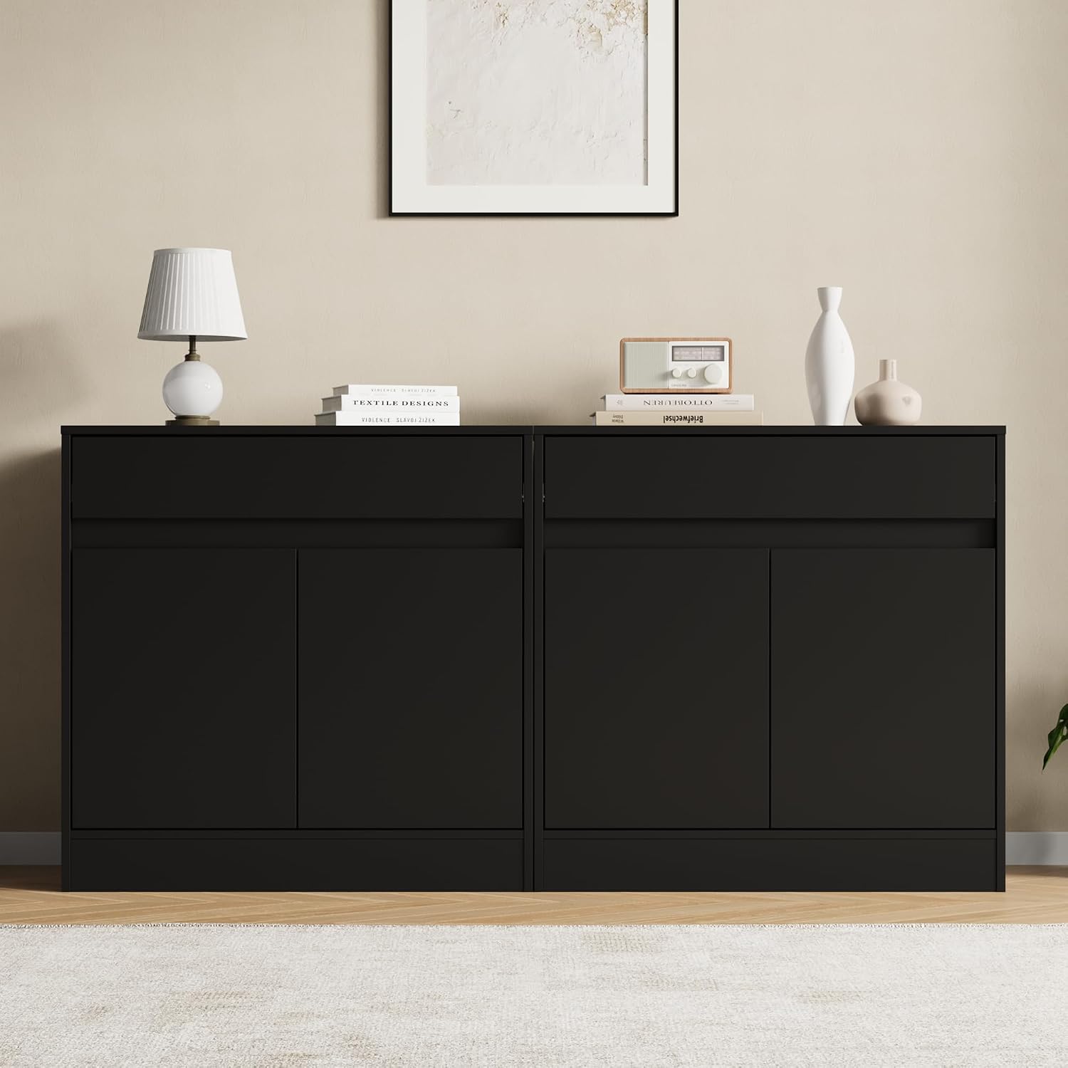 Housoul Buffet Cabinet (Set of 2), Coffee Bar Cabinet with 2 Doors and Drawer, Modern Sideboard Buffet with Adjustable Shelves for Kitchen, Living Room, Black