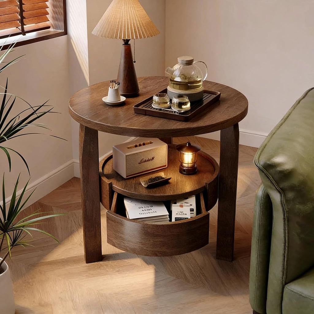 2-Tier Solid Wood End Table with Drawer,Vintage End Table with Storage,Round Side Tables,Natural Solid Wood Nightstand,Mid-Century Modern End Tables for Living Room,Bedroom,Brown,19.6in