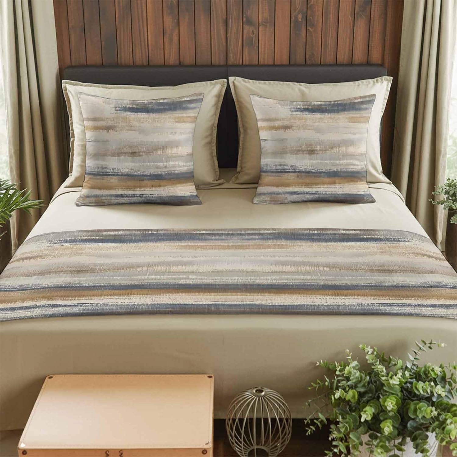 California King Size Abstract Coastal Landscape Bed Runner Set 102 x 20 inch Modern Retro Mottled Beige Blue Bed Runners with 2 Matching Pillow Covers, Decorative Throw Pillowcases Bedding Scarf