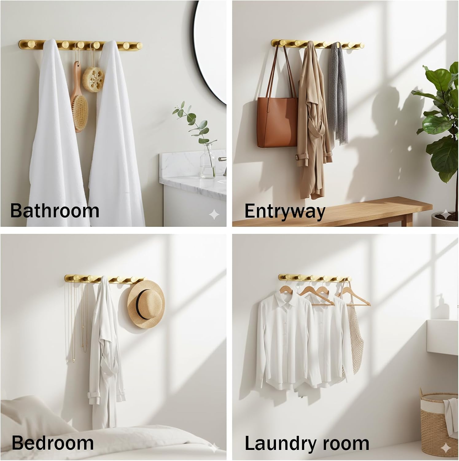 Brushed Gold Wall Mounted Coat Rack [2 Pack], 21" Heavy Duty 304 Stainless Steel Hook Rack with 8 Hooks, Entryway & Bathroom Hanging Organizer for Coats, Towels, Robes (Drilling)