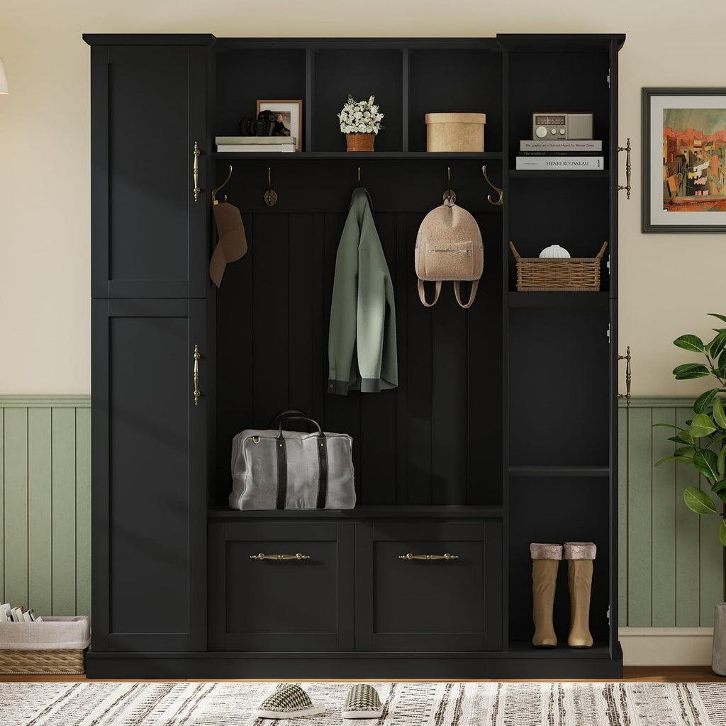 JIVOIT Farmhouse Hall Tree with 4 Side Cabinets, Adjustable Shelves & Open Cubbies, All-in-One Mudroom Furniture, Beadboard Entryway Bench with Coat Rack & 5 Hooks for Hallway (Black,152)