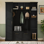 JIVOIT Farmhouse Hall Tree with 4 Side Cabinets, Adjustable Shelves & Open Cubbies, All-in-One Mudroom Furniture, Beadboard Entryway Bench with Coat Rack & 5 Hooks for Hallway (Black,152)