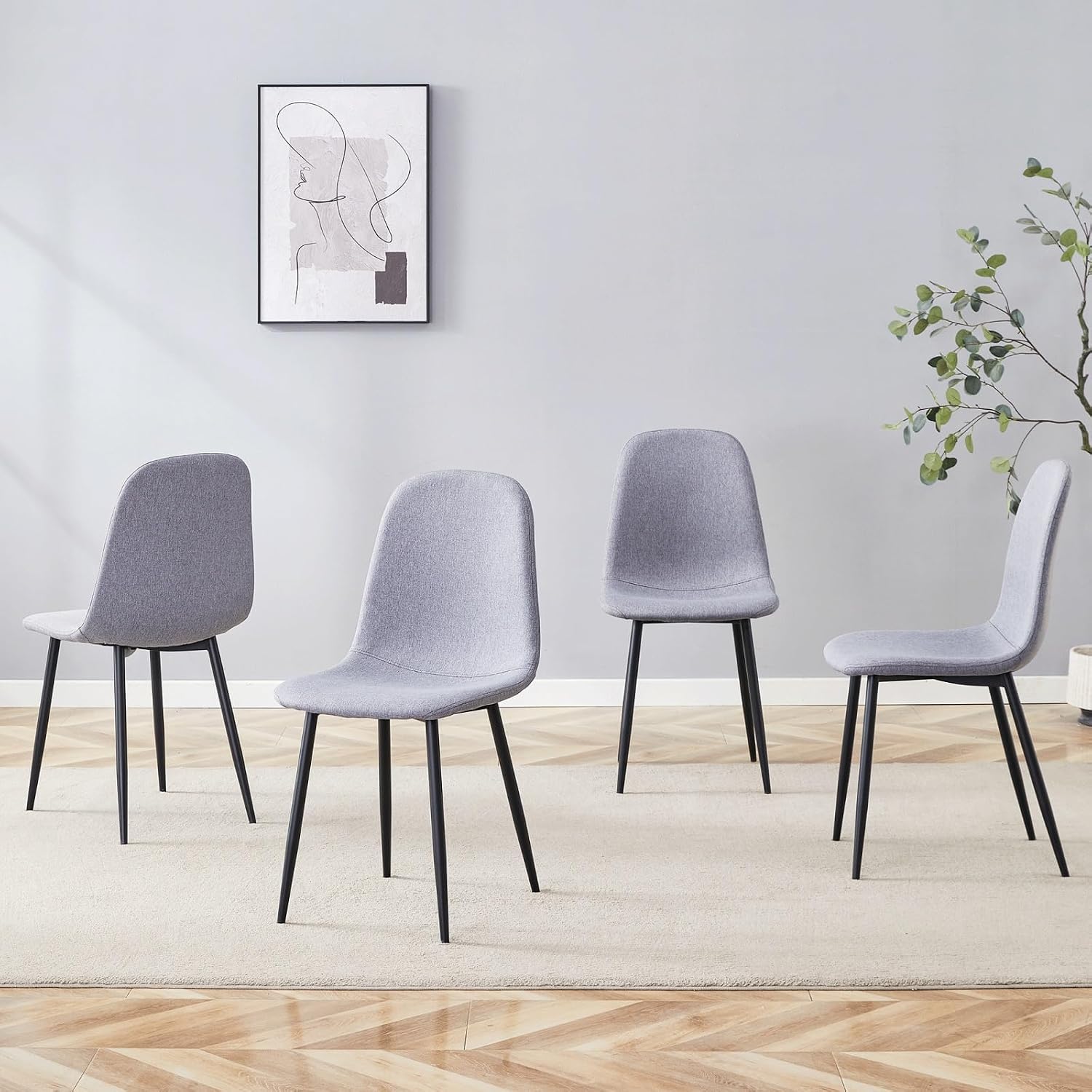 Modern Linen Dining Chairs Set of 4, Luxury Upholstered Kitchen Chairs with High Resilience Foam & Integral Black Metal Legs, Mid-Century Side Chairs for Dining Room, Vanity, Light Grey