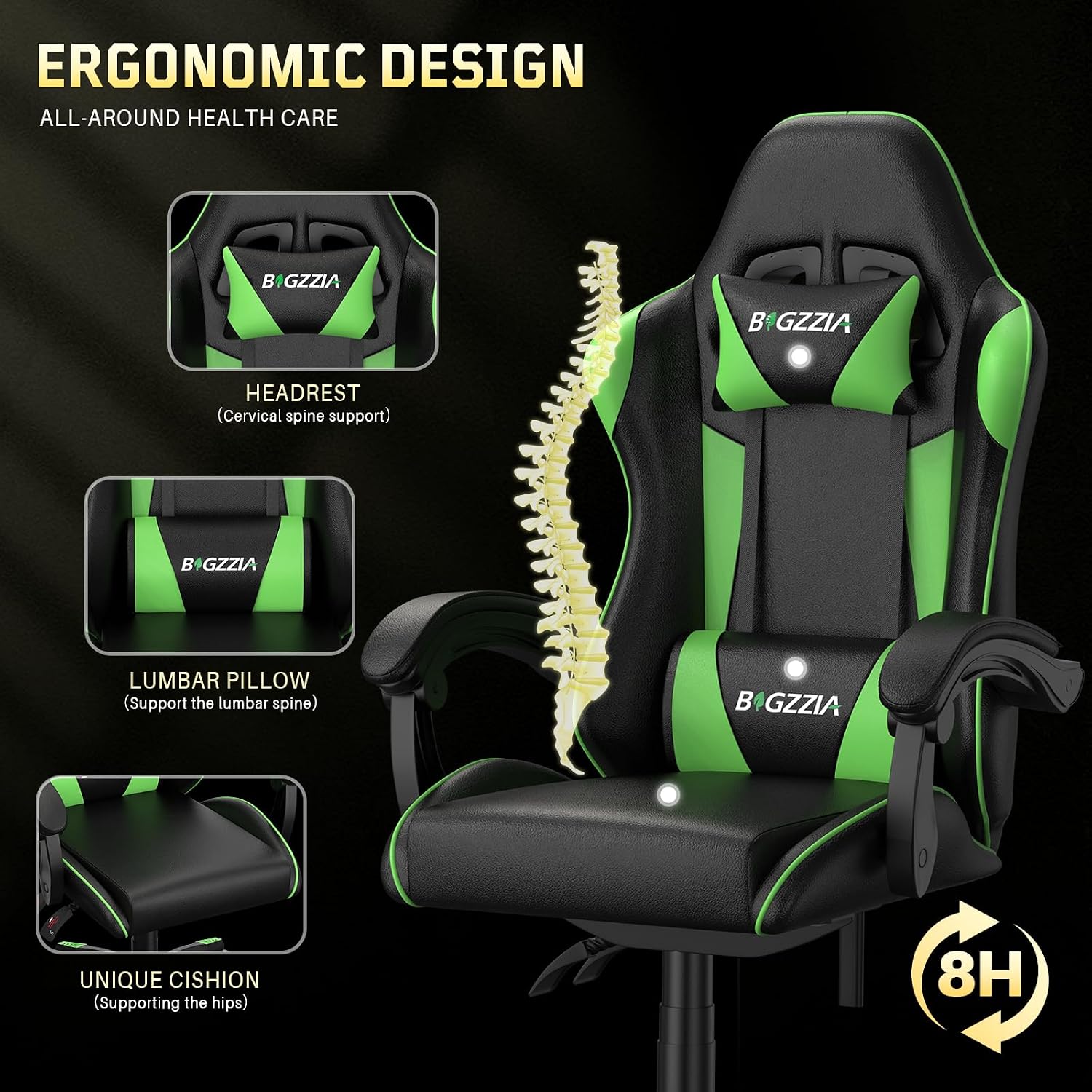 Bigzzia Gaming Chair, Ergonomic Video Game Chairs with Pillow and Lumbar Support, Racing Style Height Adjustable Computer Chair with 360°-Swivel Seat for Adults and Kids（Green）