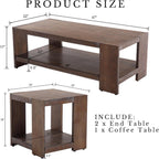3-Piece Living Room Table Sets, 2-Tier Side Tables & 47" Rectangular Coffee Table, Farmhouse Wood Table Sets with Open Storage Shelves, Rustic Accent End Tables & Center Table, Brown