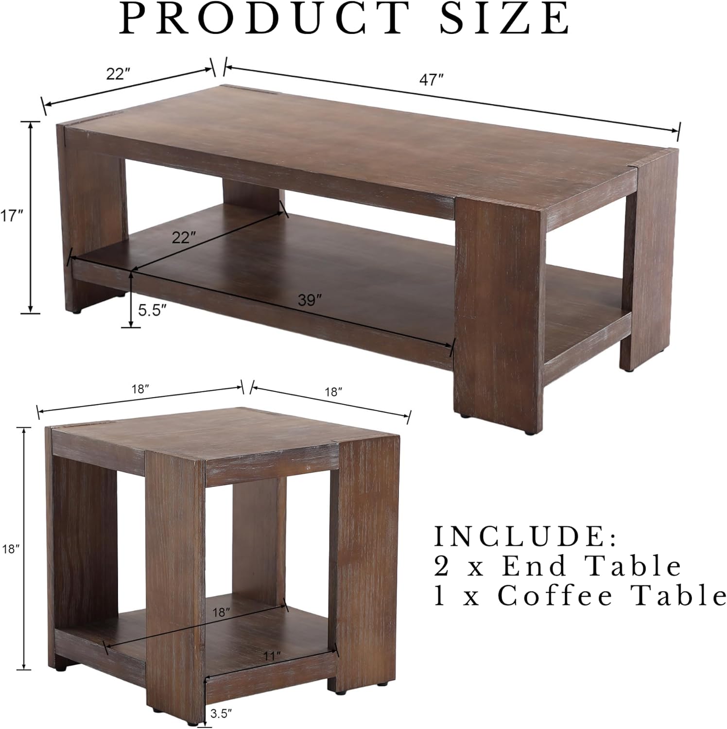 3-Piece Living Room Table Sets, 2-Tier Side Tables & 47" Rectangular Coffee Table, Farmhouse Wood Table Sets with Open Storage Shelves, Rustic Accent End Tables & Center Table, Brown