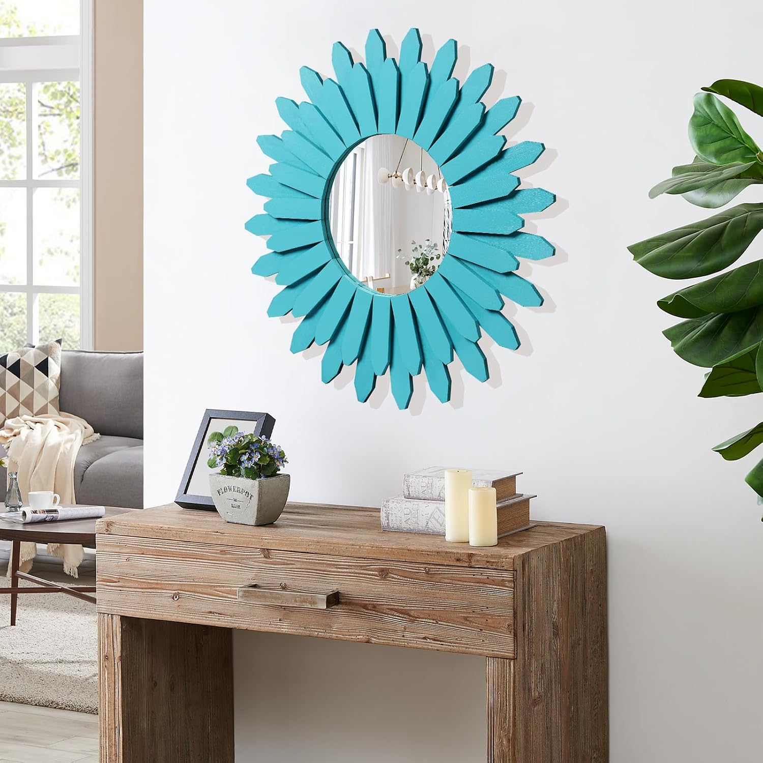 Honiway Beach Wall Decor Mirror 21 inch Wood Coastal Wall Decor Sunburst Boho Home Decor Room Decor for Bedroom Living Room Entryway Cyan
