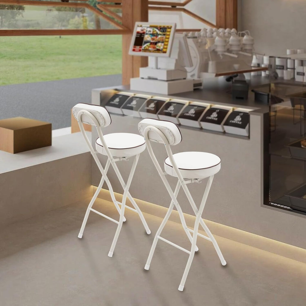 2 PC Folding Bar Stool with Backrest, Tall Foldable Stool Counter Foldable High Chair Portable Bar Height Chairs with Padded Cushion for Kitchen, Dining, Camping, Outdoor & Party (White)