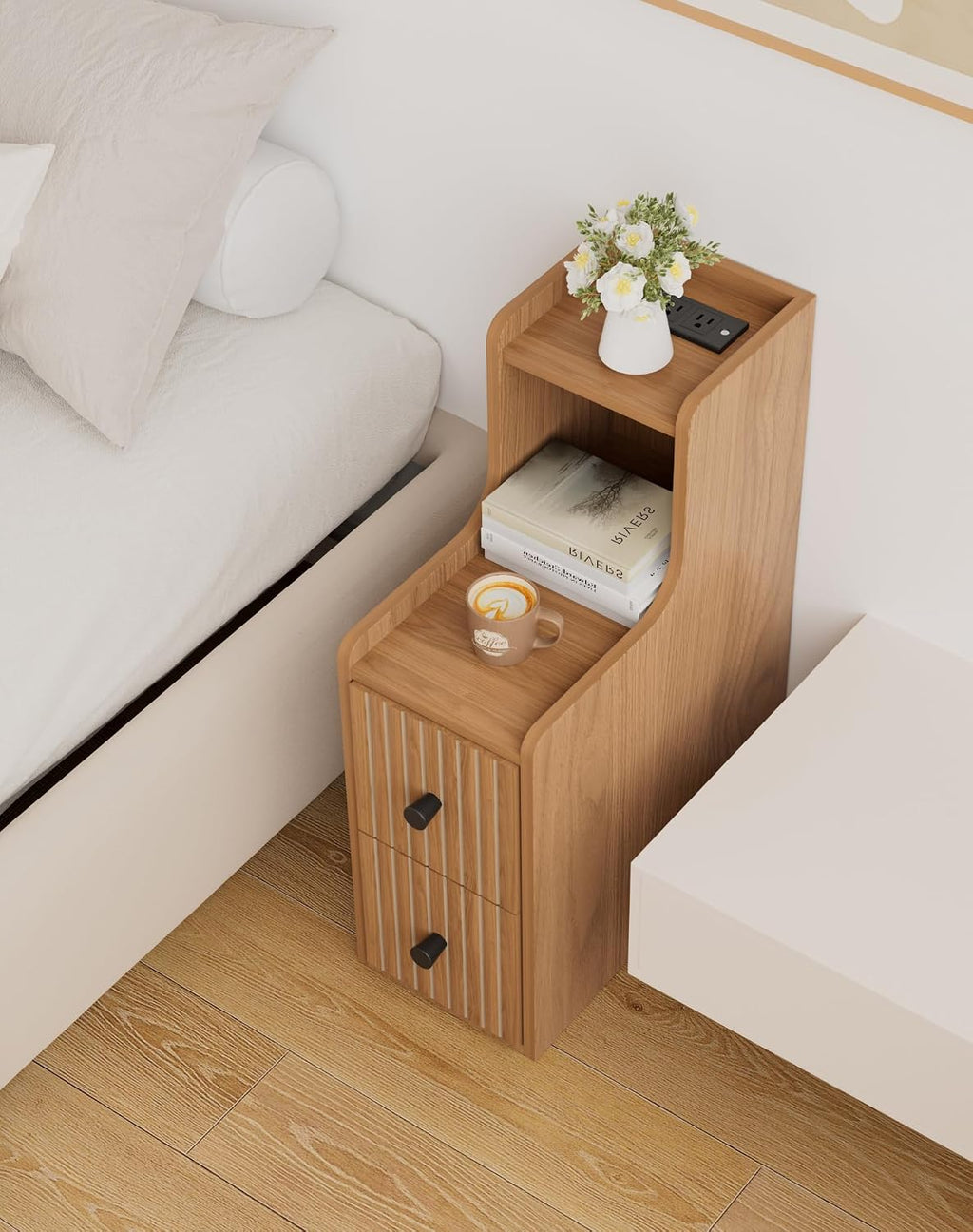 Set of 2 Narrow Side Table with Charging Station, Wooden Slim End Table with Storage, Mid Century Modern Nightstand with Drawers for Living Room, Walnut