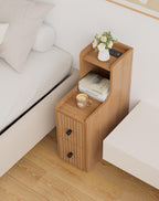 Set of 2 Narrow Side Table with Charging Station, Wooden Slim End Table with Storage, Mid Century Modern Nightstand with Drawers for Living Room, Walnut