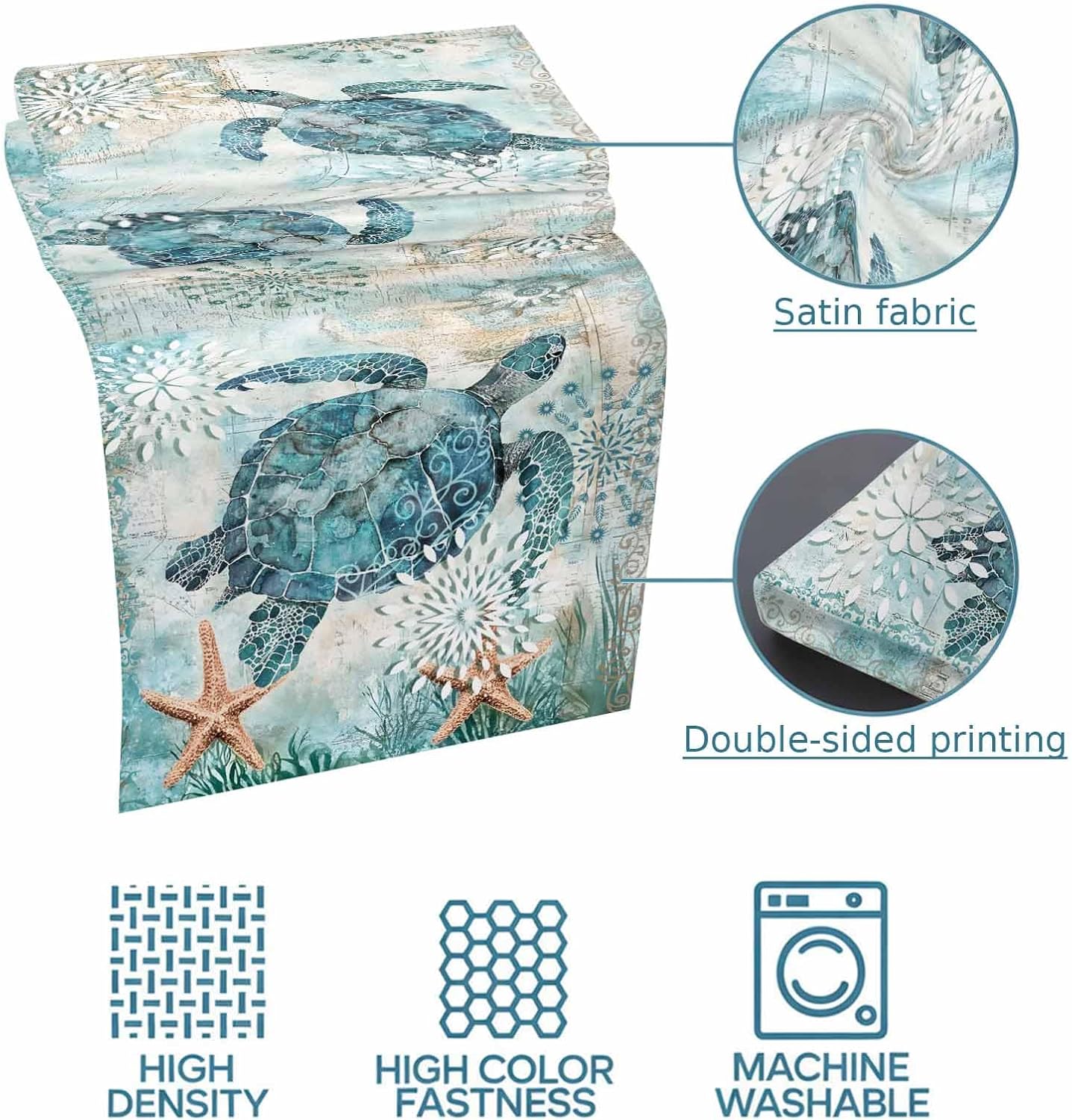 Bed Runner for King Size Bed, Coastal Sea Turtle Decorative Bed Runners Scarves for Bedroom, Teal Nautical Beach Starfish Vintage Washable Bedding Scarf Cover Bed Runner for Foot of Bed