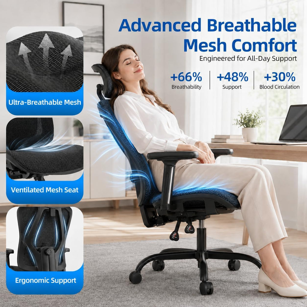 Ergonomic Office Chair, Breathable Mesh Back and Seat, High Back Desk Chair with Adjustable Lumbar Support, 5D Armrests, 135° Reclining Backrest, 2D Headrest, Home Office Computer Chair