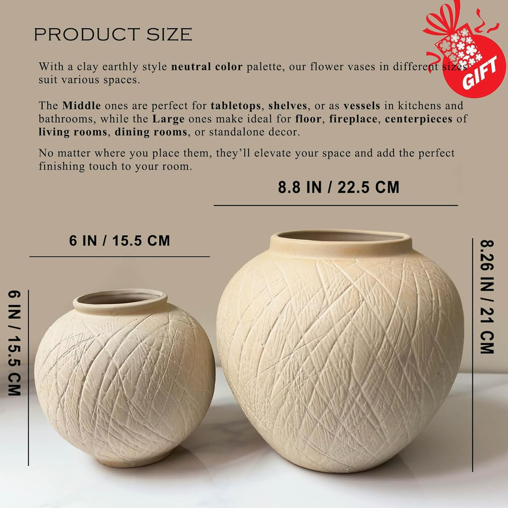 Large Carved Rustic Farmhouse Vase Home Decor - 8.8 in Ceramic Boho Decorative Vase for Decor, Round Clay Beige Terracotta Bowl vase for Living Room, Table, Shelf, Centerpieces