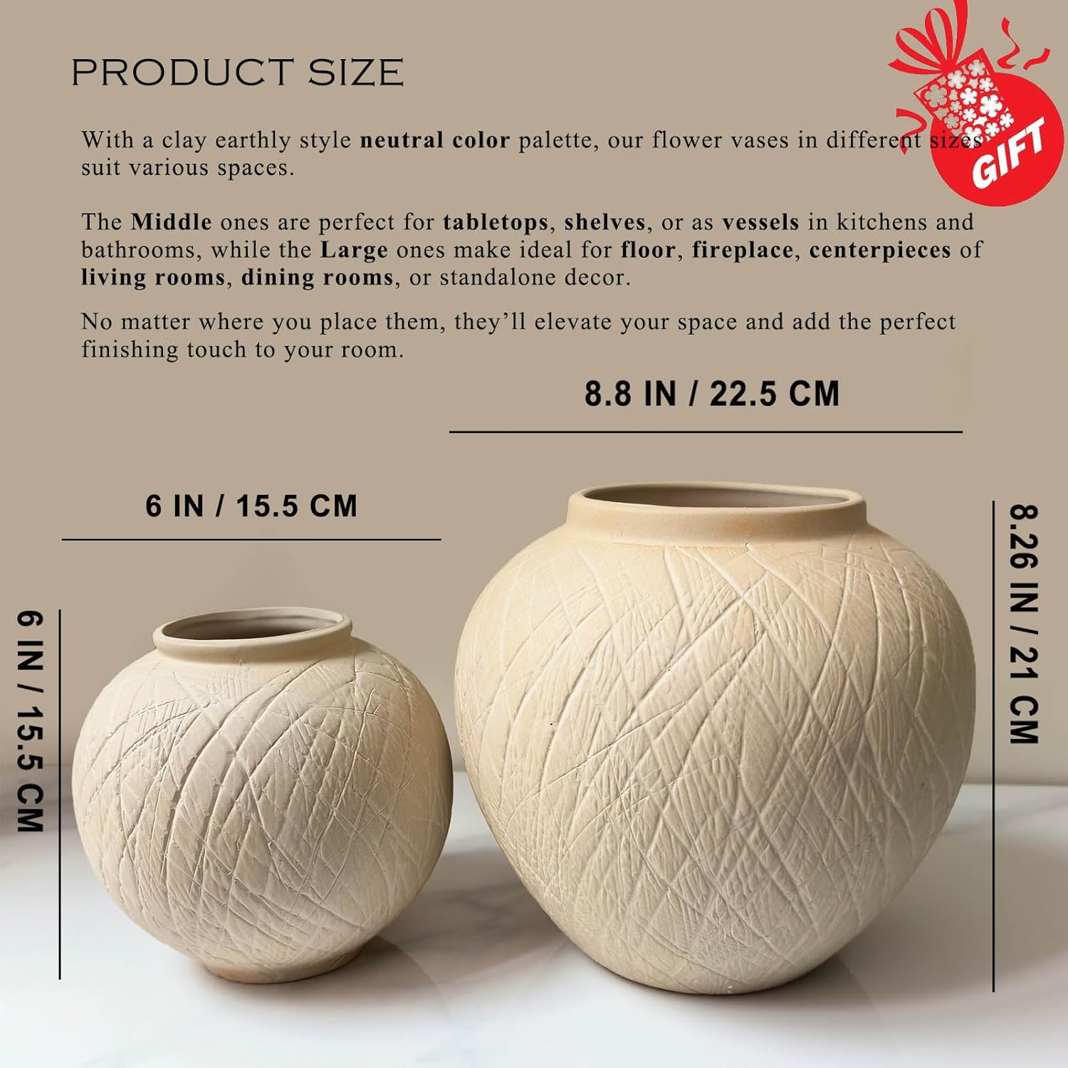 Large Carved Rustic Farmhouse Vase Home Decor - 8.8 in Ceramic Boho Decorative Vase for Decor, Round Clay Beige Terracotta Bowl vase for Living Room, Table, Shelf, Centerpieces