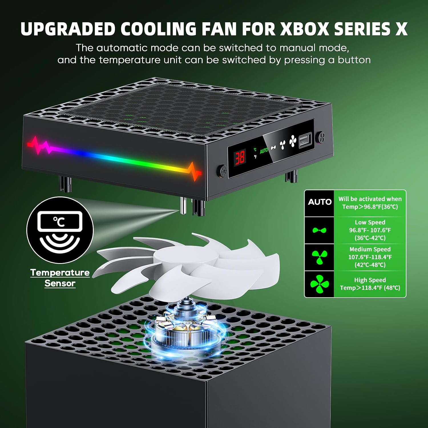Auto Cooling Fan for Xbox Series X with LED Temperature Display & 9 RGB Lighting Modes, Smart Thermally-Adjustable Cooling System for Xbox Series X, Separate Cooler&Light Switch, Headset Hook,USB Port