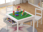 UTEX Wooden 2 in 1 Kids Construction Activity Table and 2 Chairs Set with Storage Drawers, and Built in Plate Compatible with Lego and Duplo Bricks (White with Grey Drawers)