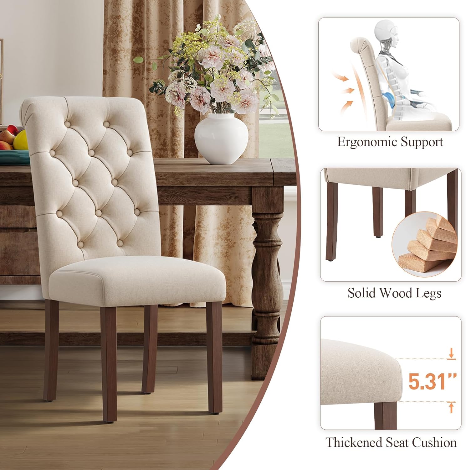 MALOL Upholstered Tufted Dining Room Chairs Set of 4, Parsons Kitchen Chairs with Padded Seat and Solid Wood Legs, Fabric Accent Side Diner Chair for Dining Room/Kitchen/Living Room, Beige