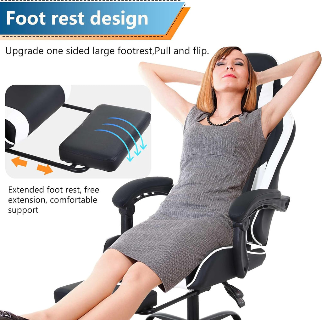 PayLessHere Ergonomic Racing Desk Chair Computer Chair Gaming Chair with Footrest Lumbar Support Headrest Armrest Task Rolling Swivel Ergonomic E-Sports Adjustable PC Gamer Chair, White