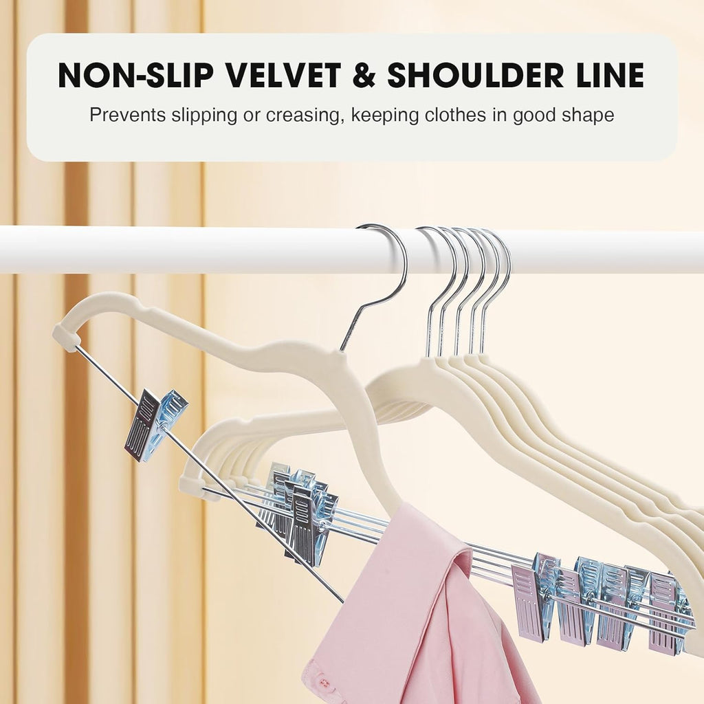 48-Pack Beige Velvet Hangers with Clips Adjustable,Adult Hangers,Heavy-Duty,Felt,Non-Slip,Space Saving,Slim Outfit Hanger for Pants, Skirts, Suits,Coats, Dresses ect.