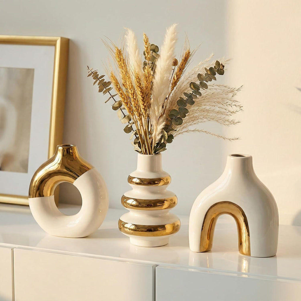 Modern Ceramic Decorative Vase Set of 3 – Minimalist Sculptural Vases for Living Room, Shelf & Table Decor, Nordic Donut Vase Set for Contemporary Home Decor (White and Gold)
