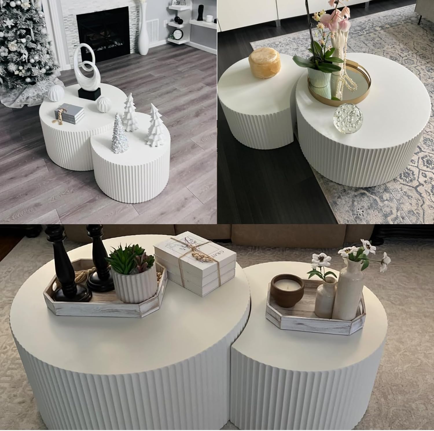 KEVINSPACE Coffee Table Set of 2 Modern, Living Room Nesting Table Round 2-Piece, No Assembly Required Wooden Circle End Table Set Accent Furniture for Bedroom Balcony Library,White