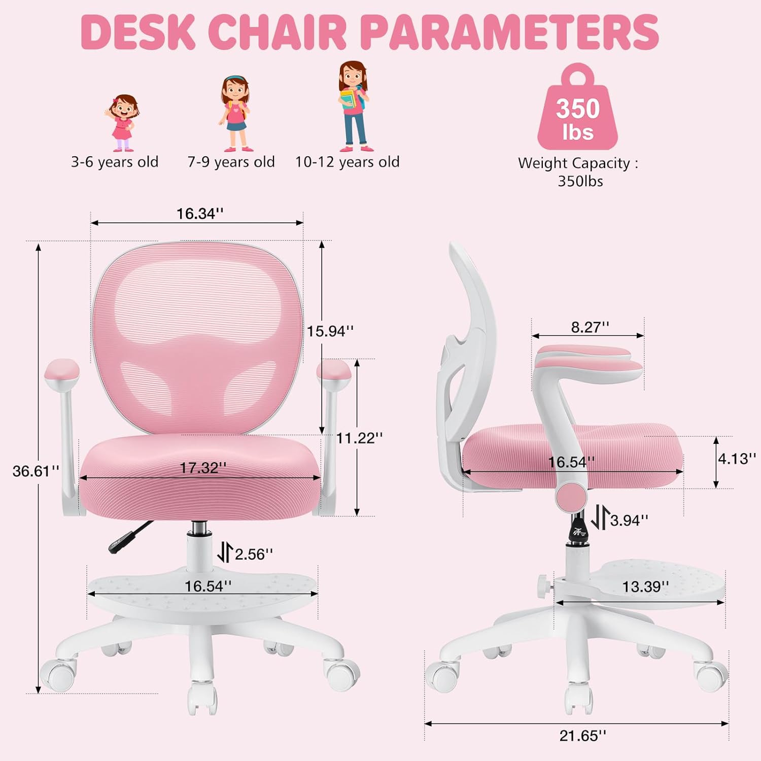 HOFFREE Kids Desk Chair Ergonomic Study Chair with Flipped Armrest and Footrest Adjustable Height Swivel Kids Computer Chair Mesh Desk Chair for Boys Girls Children at Home Bedroom Study Room Pink