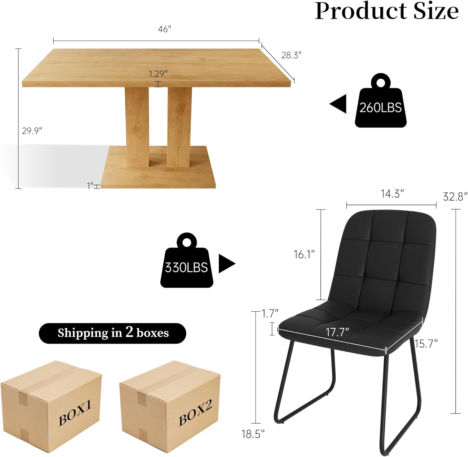 Dining Table Set for 4-6 People, 46 Inch Modern MDF Oak Kitchen Table with 4 Faux Leather Chairs, Rectangular Dining Room Table Set for Home, Small Spaces, Breakfast Nook (Oak Table + 4 Black Chairs)