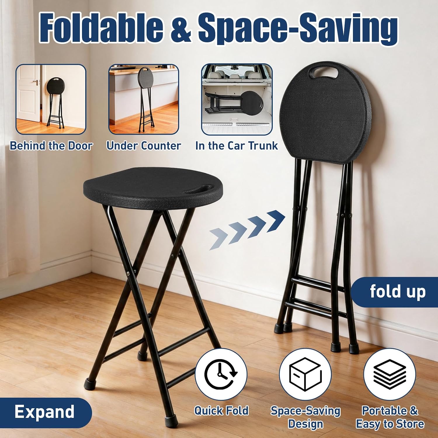 Folding Stool, Black 24 Inch Foldable Bar Stool with Handle, 500 lbs Capacity, Non-Slip Feet, Space-Saving Folding Tall Seating for Kitchen Island, Pub, Camping, Party Ourdoor Indoor(1 Pack)