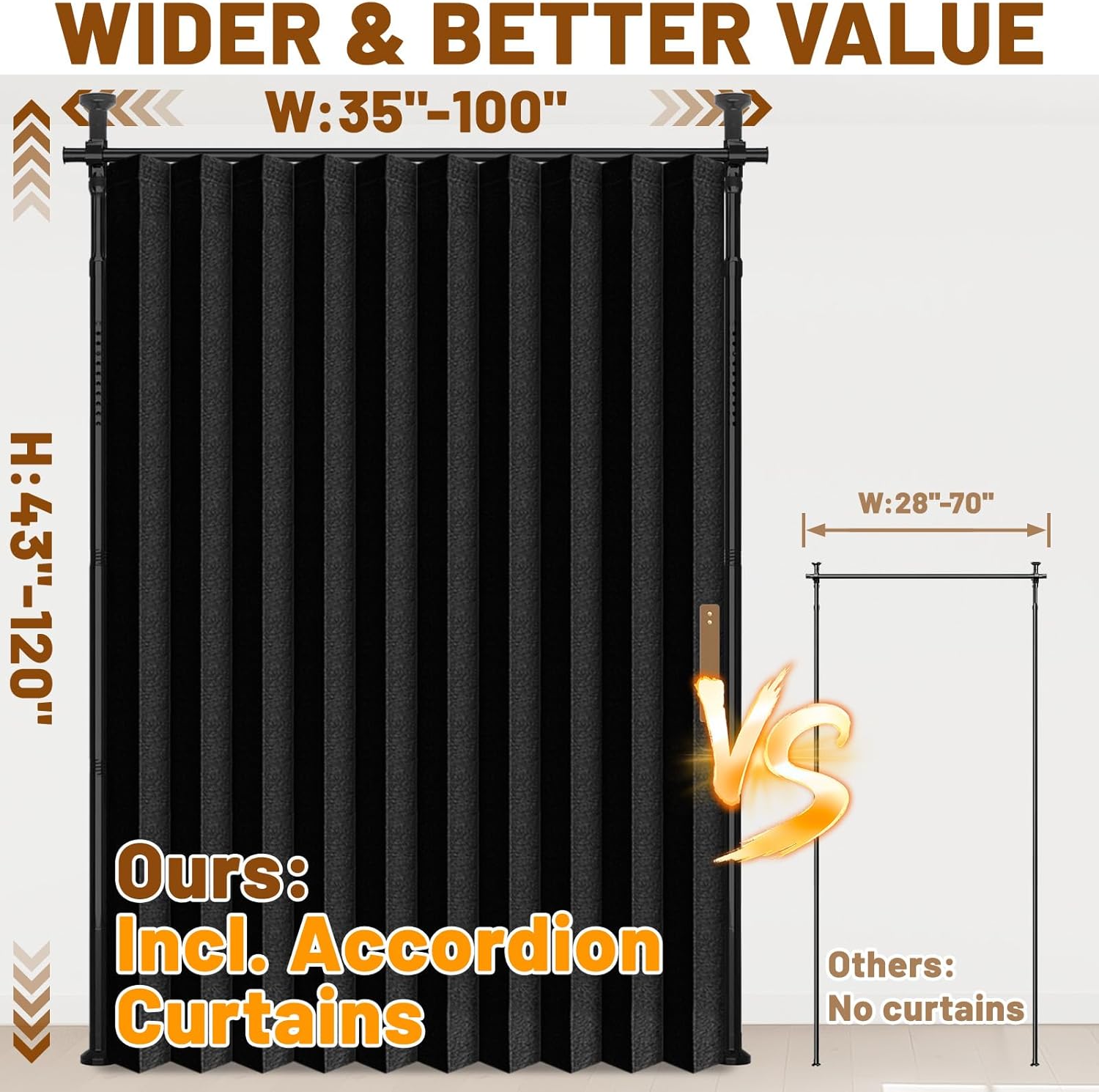 AJAZZ Room Divider Curtain (Black, W100 x L84 in, 1 Panel)+ Tension Curtain Rod No Drilling (H) 43-120×(W) 35-100 in, for Privacy/Soundproof Curtains, Heavy Duty Wall Separator