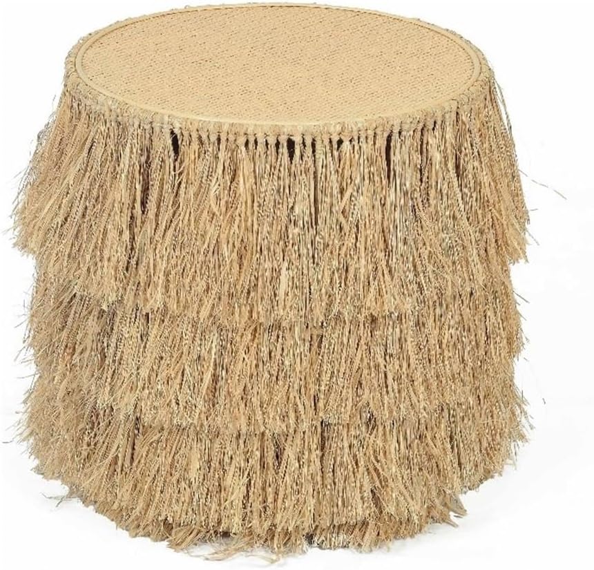 Pemberly Row Contemporary Round End Table, 20 in Wide Natural Rattan and Cane, Handmade Tasseled Finish, Fully Assembled, Living Room or Entryway Accent Furniture