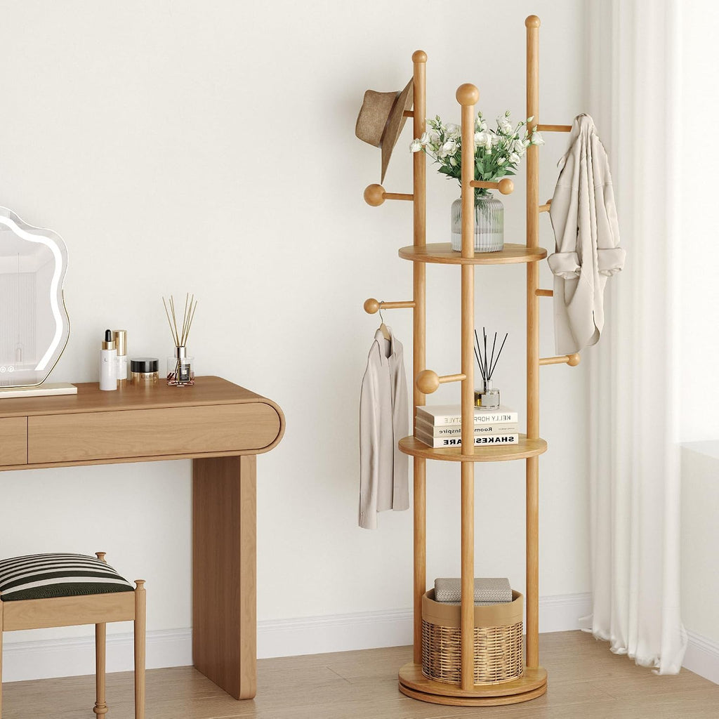 FROMJBEST Coat Rack Freestanding,Coat tree Entryway,Mid-Century,Nature Wood | Freestanding, Solid Wood, 9 Hooks & 3 Shelves, for Entryway, Hallway, Bedroom, Living Room, Office, Holds Bags, Hats, Purses