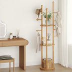 FROMJBEST Coat Rack Freestanding,Coat tree Entryway,Mid-Century,Nature Wood | Freestanding, Solid Wood, 9 Hooks & 3 Shelves, for Entryway, Hallway, Bedroom, Living Room, Office, Holds Bags, Hats, Purses