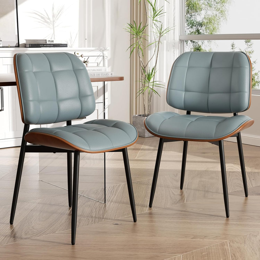 Dining Chairs Set of 4, Mid Century Modern Dining Room Chair with Thick Cushion, Upholstered Faux Leather Kitchen Chairs with Walnut Bentwood Back for Kitchen Dining Room, Blue