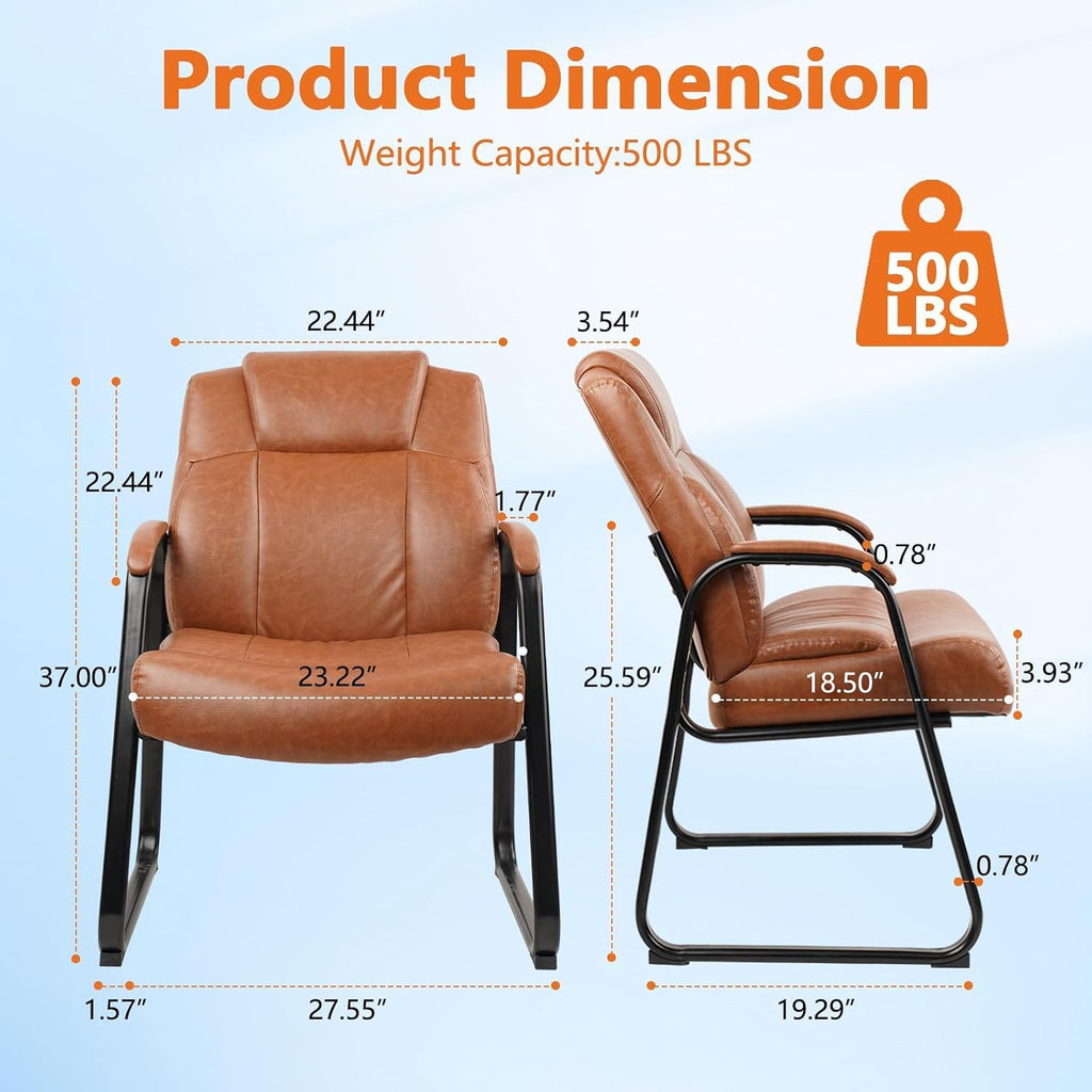 CLATINA Big Tall 500 LB Wide Guest Chairs Heavy Duty, Leather Side Reception Chairs with Sled Base and Arms, Executive Office Desk Chair No Wheels for Meeting Conference Waiting Room Home, Brown 8 PK