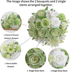 4 Pcs Mixed Artificial Flowers Set, Small Artificial Peony Bouquet Fake Rose Flower Silk Floral Arrangements for Table Centerpiece Home Wedding Party Bridal Decoration(Green, 2 Bouquets & 2 Stems)