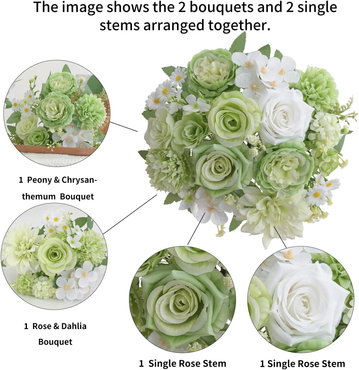4 Pcs Mixed Artificial Flowers Set, Small Artificial Peony Bouquet Fake Rose Flower Silk Floral Arrangements for Table Centerpiece Home Wedding Party Bridal Decoration(Green, 2 Bouquets & 2 Stems)