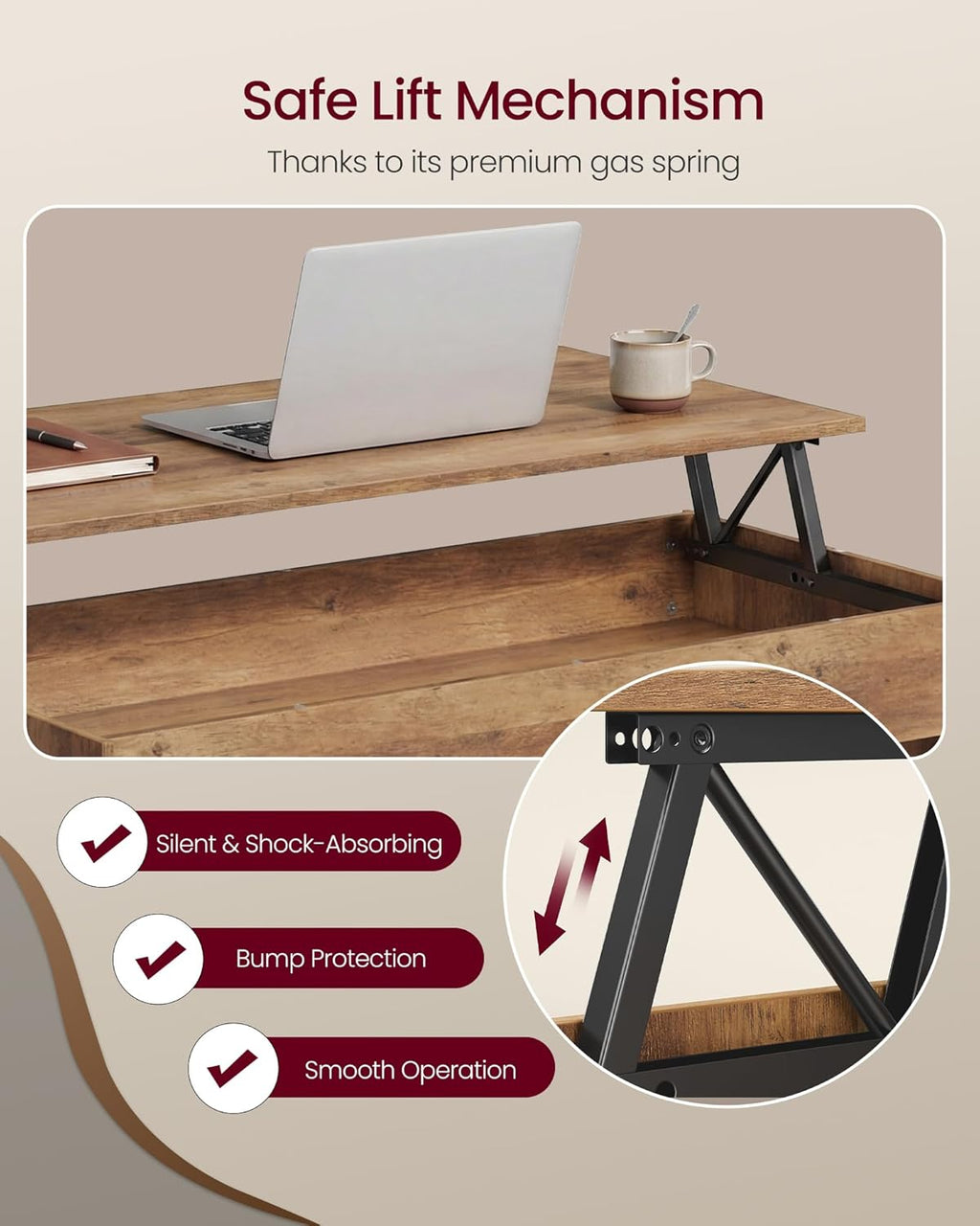 VASAGLE Lift Top Coffee Table, Lift Tabletop Dining Table, Gas Spring, Hidden Compartment, Open Storage Shelf, for Living Room, Home Office, Honey Brown ULCT268KB01S