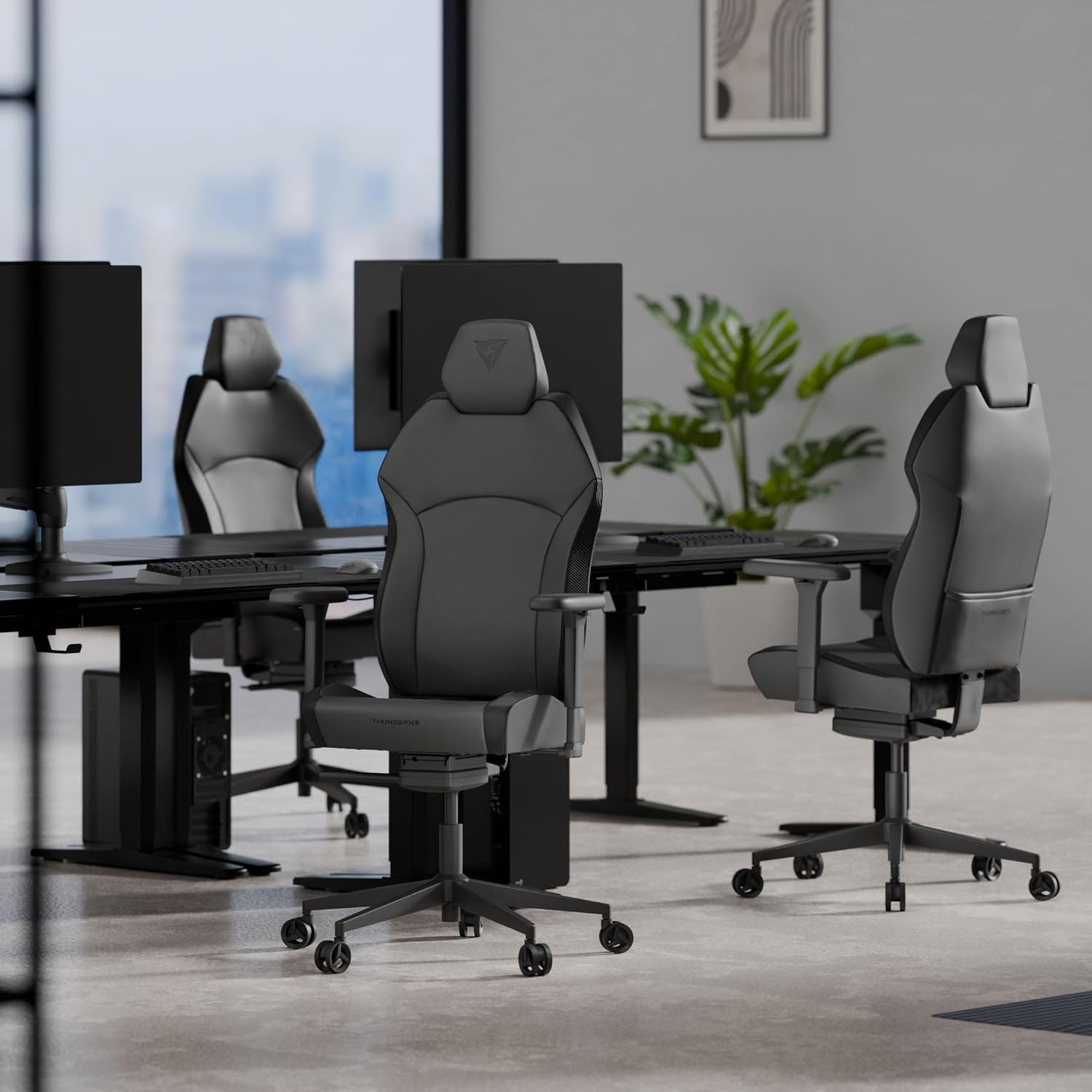 ThunderX3 Solo 360 Gaming Chair, for Adults Ergonomic Office Chair, High Back Desk Chair, Synchronous Tilt, 360-degree Adjustable Armrest, Adjustable Car Headrest, Leather, Modern Black