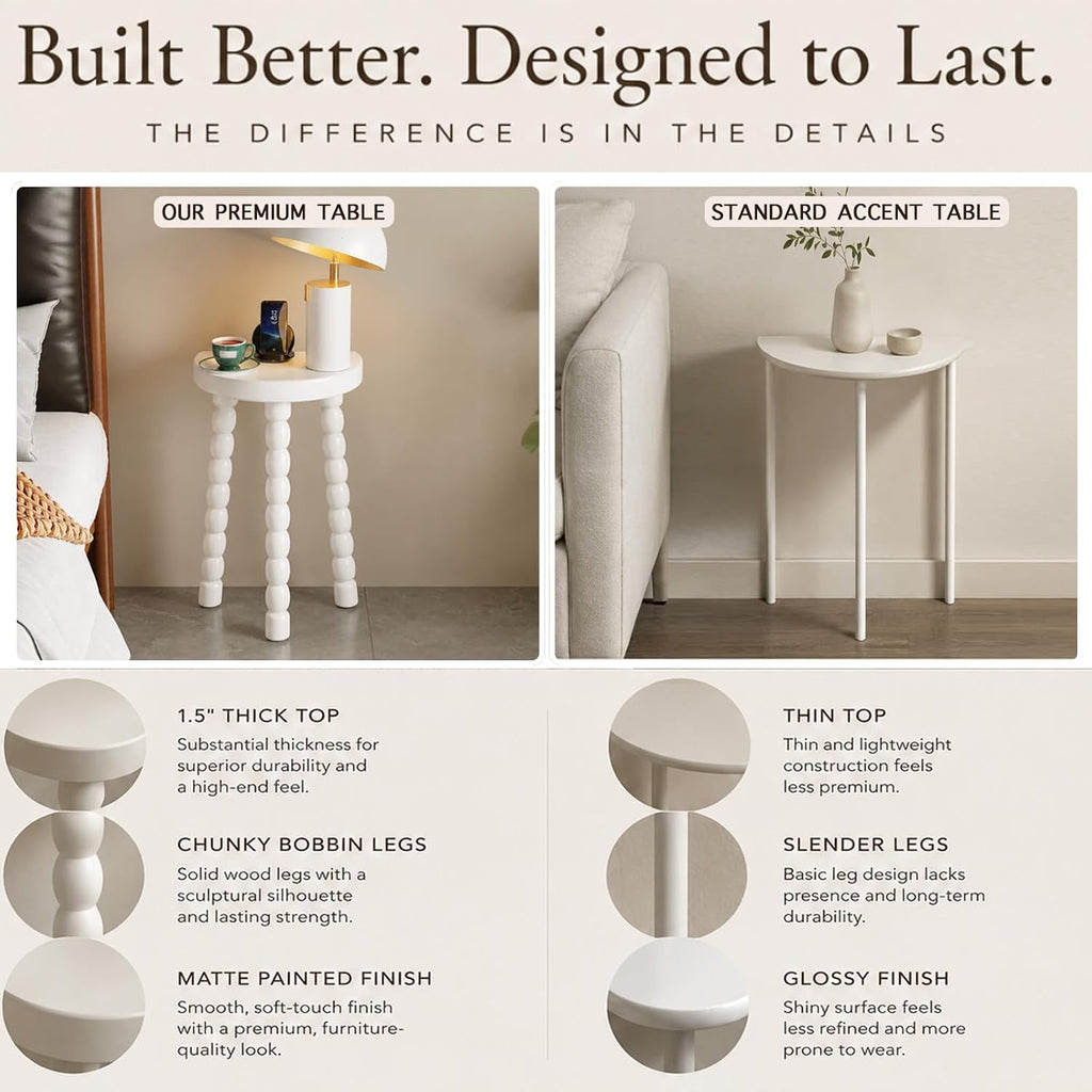 LitaEther 19.5" Wooden Bobbin Leg Side Table - Half Round Table - Wooden Accent Stool- Half Moon Tripod Table for Bedroom, Hallway, Living Room, Sofa Side (White,1pcs)