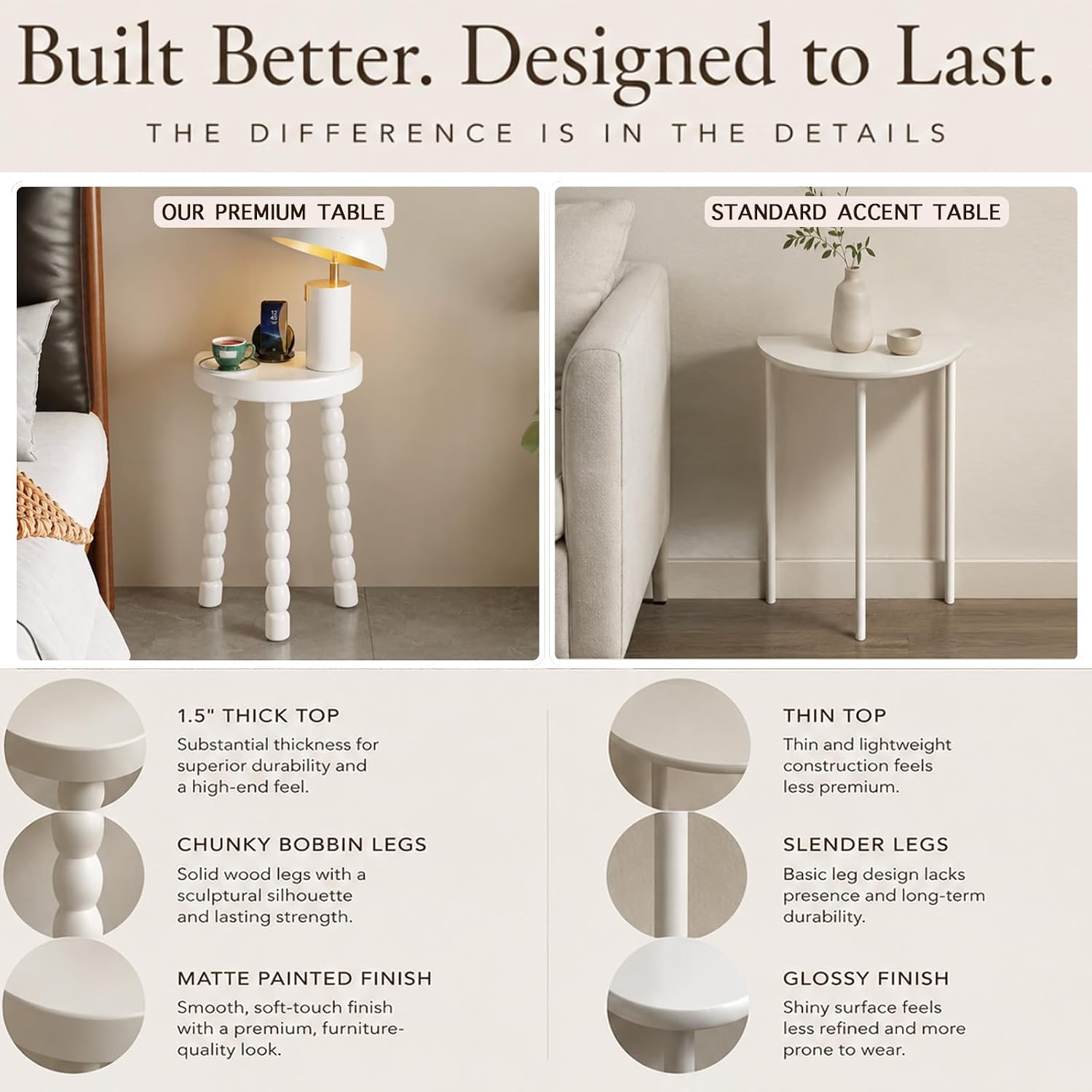 LitaEther 19.5" Wooden Bobbin Leg Side Table - Half Round Table - Wooden Accent Stool- Half Moon Tripod Table for Bedroom, Hallway, Living Room, Sofa Side (White,1pcs)