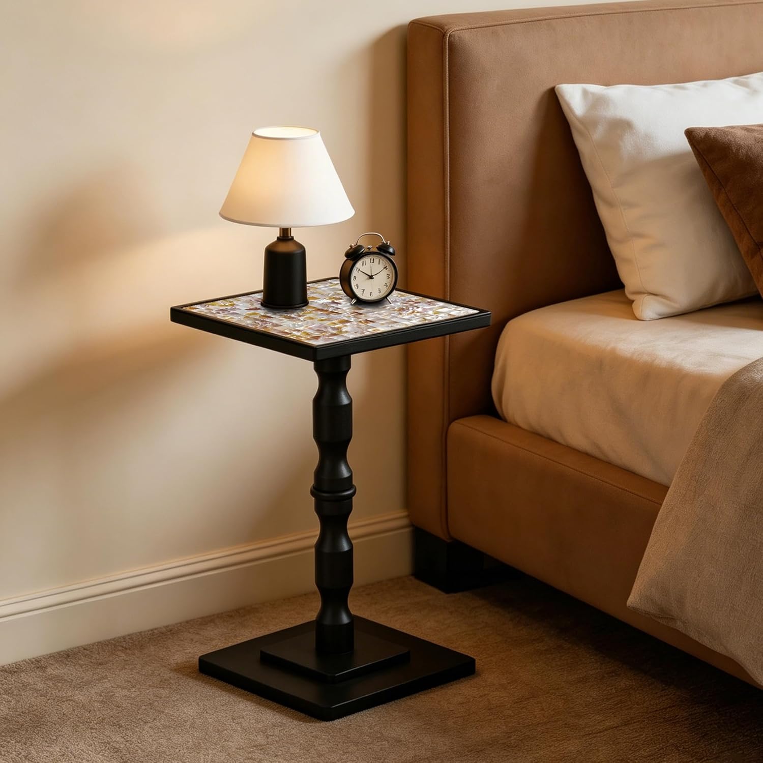 AMBIRD Mosaic Shell Accent Side Table – Handcrafted Small End Table for Tight Corners, Beside Chairs & Plant Display | No-Tool Assembly, Modern Vintage Decor for Bedroom, Living Room (11.8")