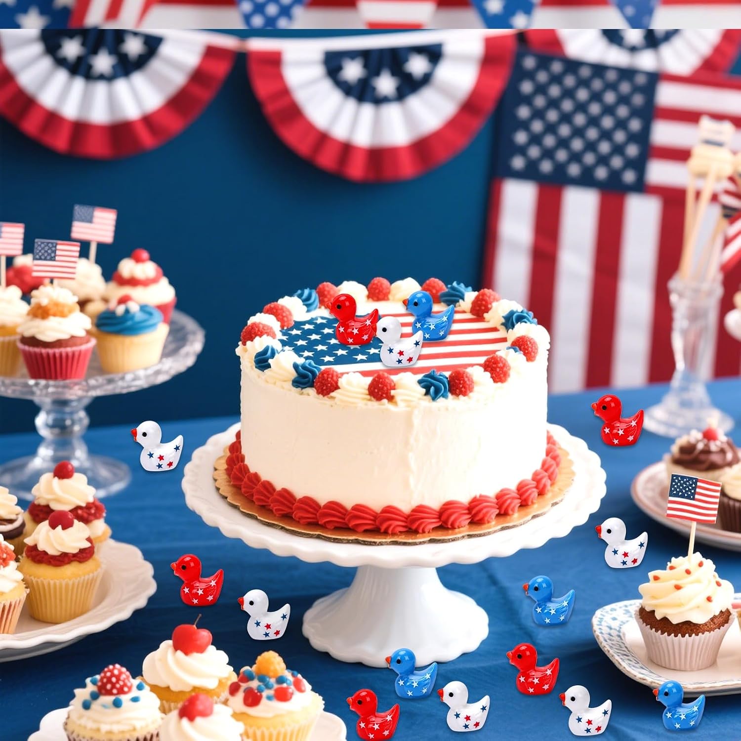 JUNEBRUSHS 120 Pcs Patriotic Ducks Mini Resin Ducks Figures 4th of July Decor Red White Blue Mini Resin Ducks for 4th of July Vase Filler Gifts Tabletop Micro Landscape Party Home Decorations