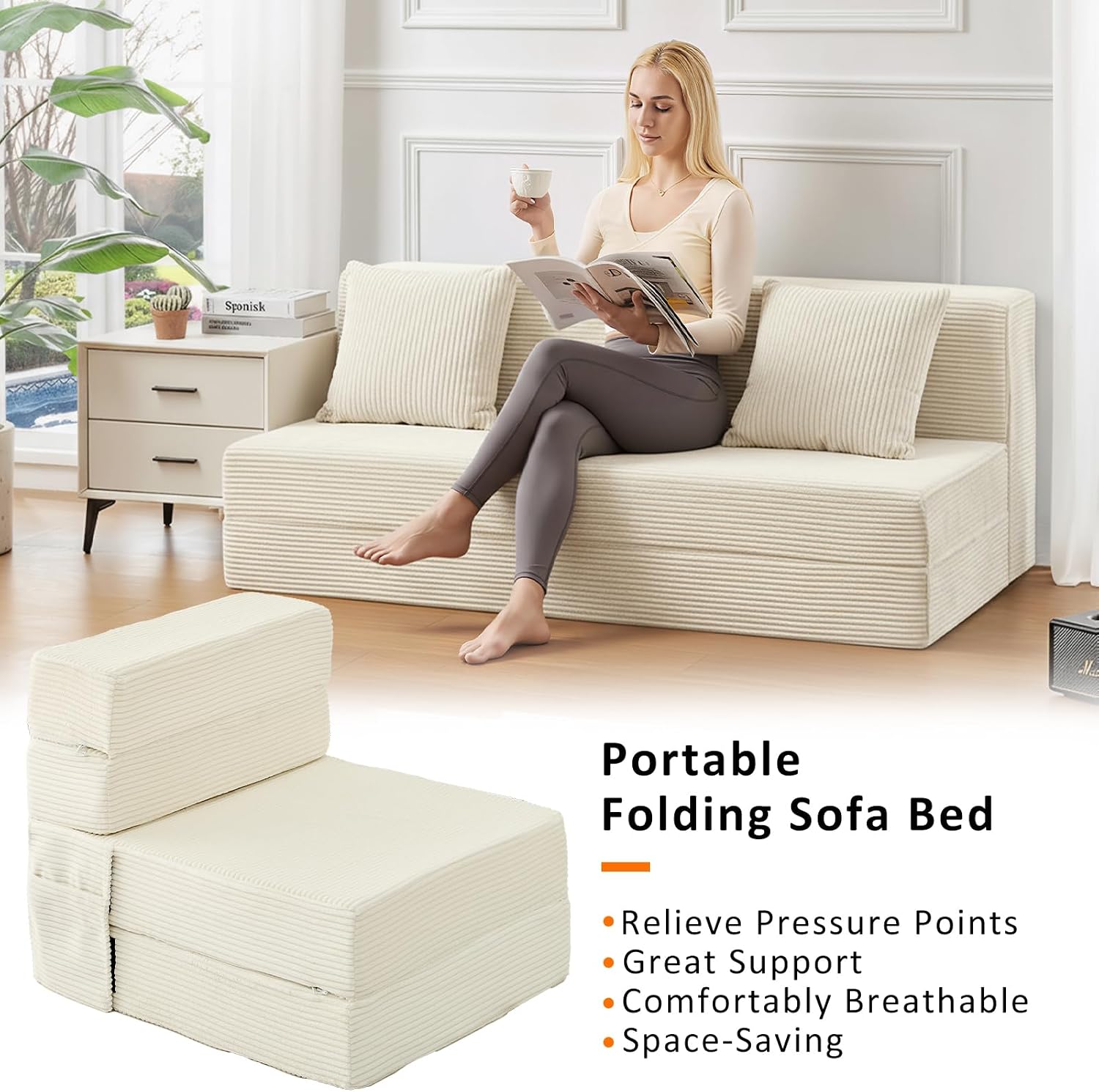 JKMAX Single Size Folding Sofa Bed - 4 in 1 Convertible Sleeper Chair - High Density Memory Foam Futon Couch - Foldable Bed for Living Room Bedroom (Beige)