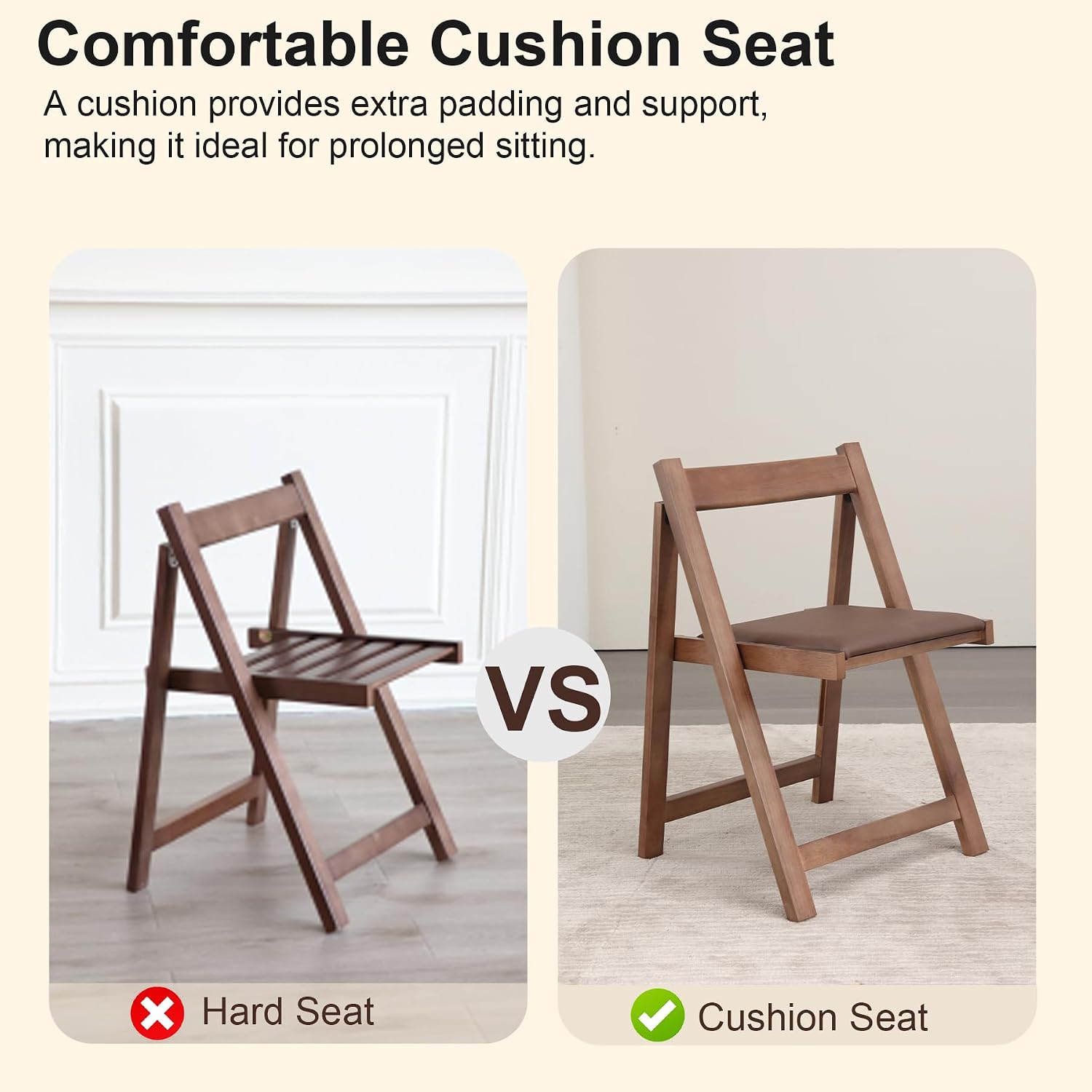 Folding Dining Chairs with Cushion, Padded Folding Chairs Lightweight, Modern Folding Patio Chairs, Wooden Dining Chairs, Foldable Chairs Set of 2 for Picnic, Camping, Office, Party, Walnut