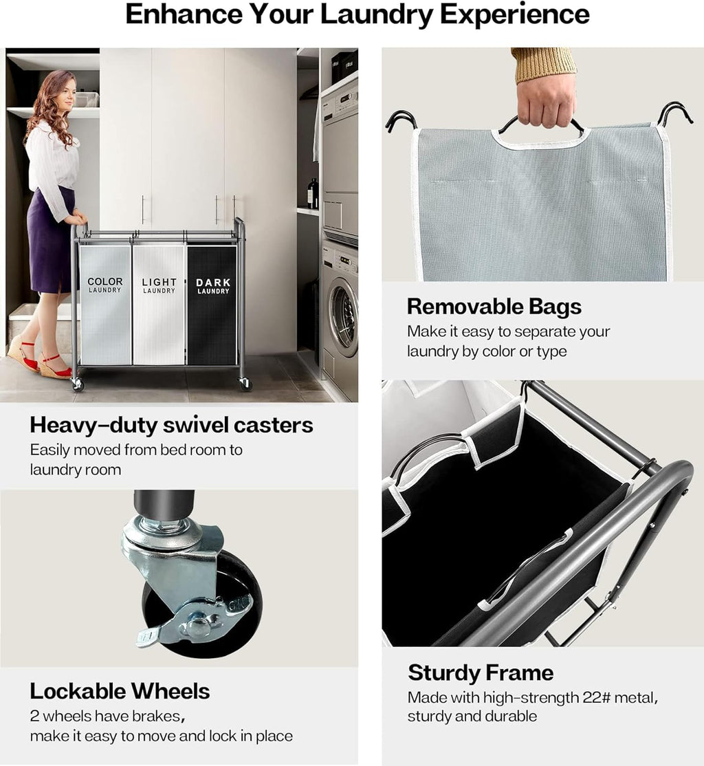 ROMOON Laundry Sorter Hamper 3 Section, Divided Laundry Basket Organizer with Heavy Duty Lockable Wheels and Removable Bags, Rolling Clothes Hamper for Apartment, Dorm & Family (135L Multicolor)