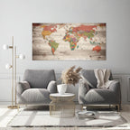 Vintage World Map Wall Art, Large Antique Style Map on Wood Plank Background, Retro Political World Map Poster for Living Room, Office, Study Decor, Canvas Print/Wall Decor